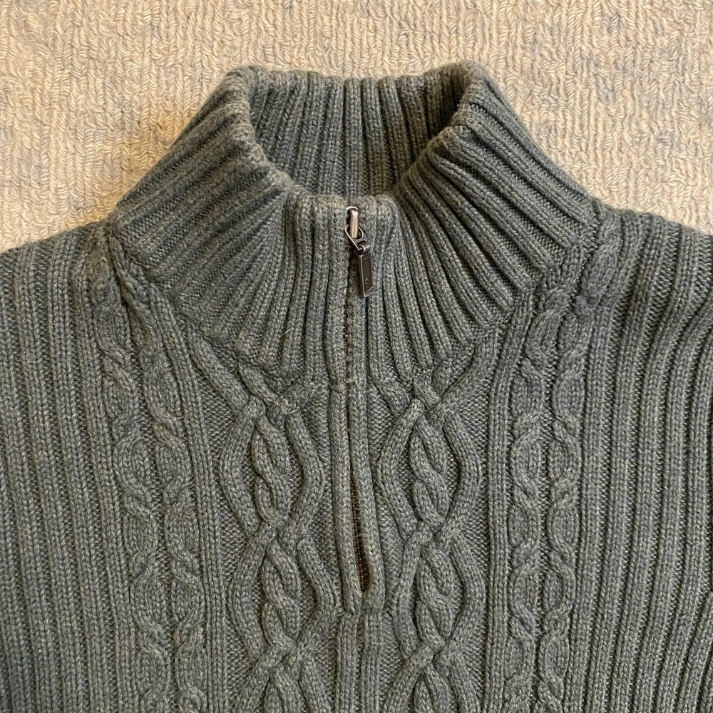 Lands End Sweater Youth Medium 10-12 Green Cotton Cable Knit Quarter Zip Mock - Picture 2 of 11